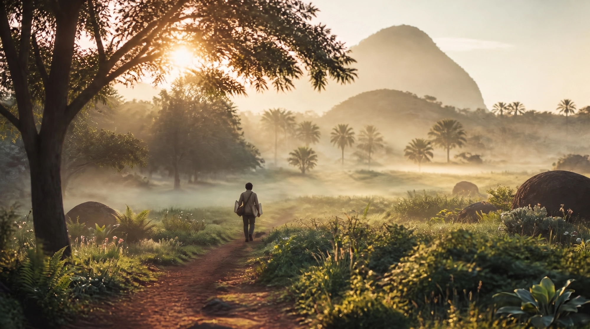 A lone figure walks a red-earth path at dawn through lush green fields toward misty hills near Bengaluru
