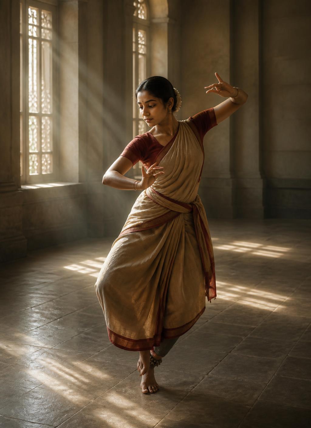A young Indian Bharatanatyam dancer rehearsing in a sunlit hall